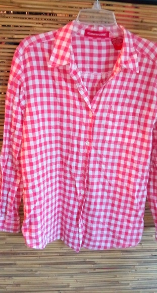 Gloria Vanderbilt L Checked Linen-Cotton Pinky Orangish Button Down Shirt Top - Picture 2 of 8